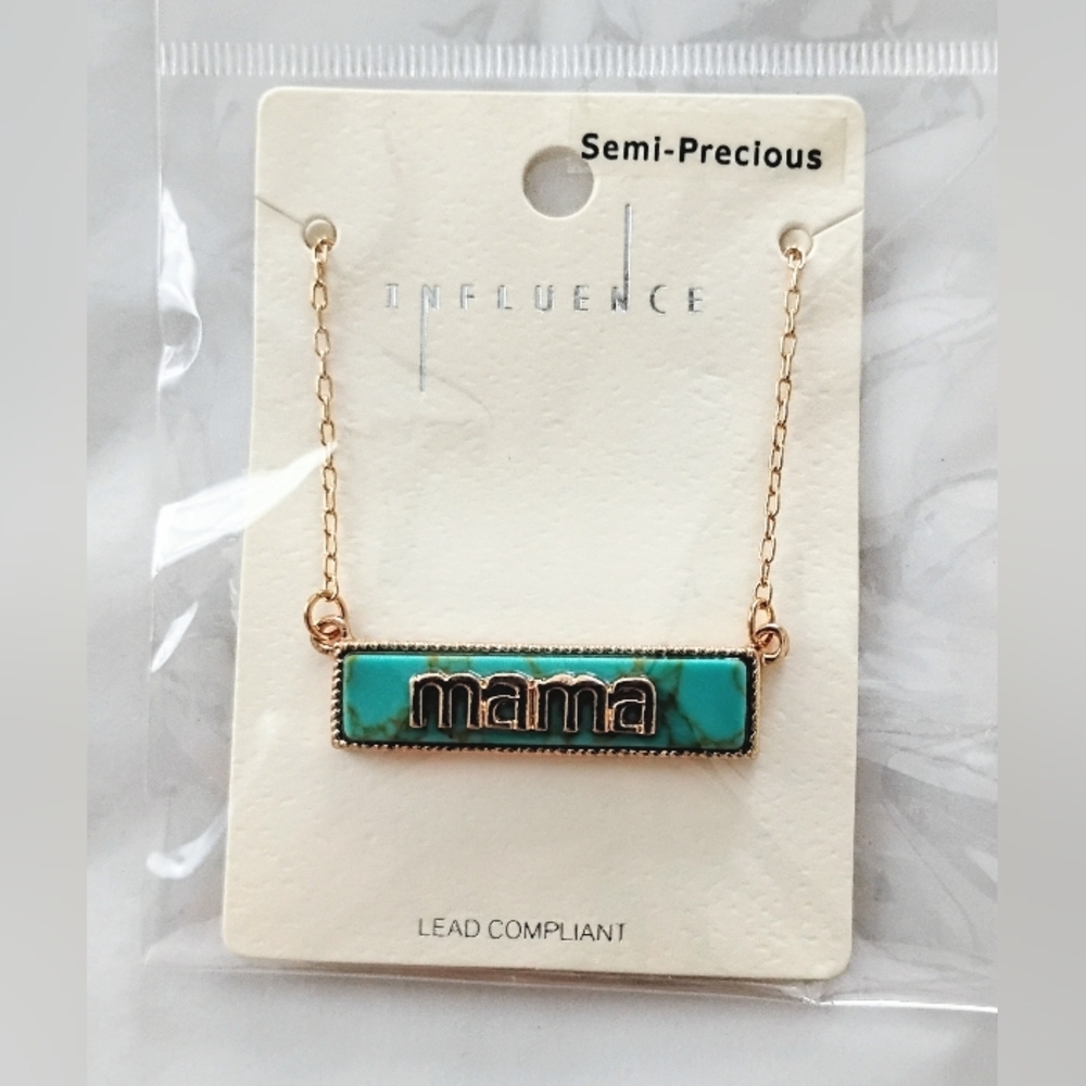 'Mama' Turquoise Bar Necklace - Gold Tone